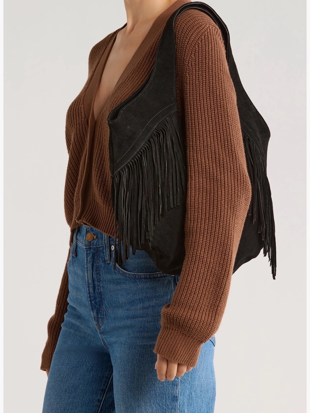 🍀(HTF Black!) Lucky Brand Nyra Tote Suede Leather Fringe Shoulder Bag - Picture 2 of 15